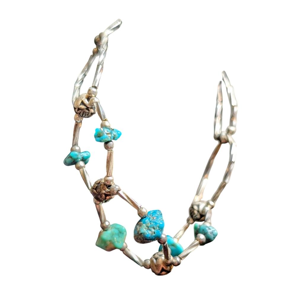 Vintage 70s Twisted Liquid Silver Turquoise Bead Barrel Clasp Bracelet